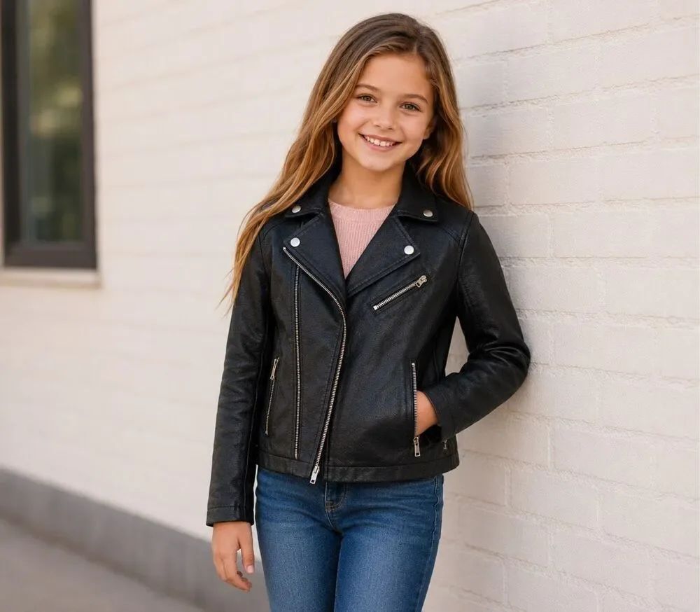 CI SONO by CAVALINI Kids Black Polyurethane/Faux Leather Zippered Jacket,Size 10